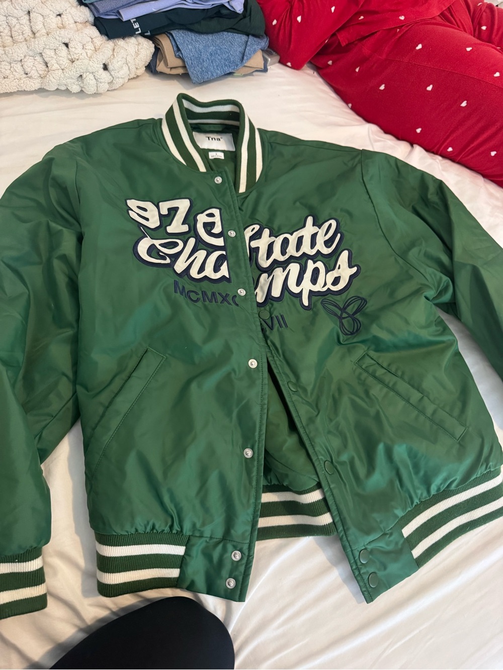 TNA Green Varsity Bomber Jacket with White & Navy Accents